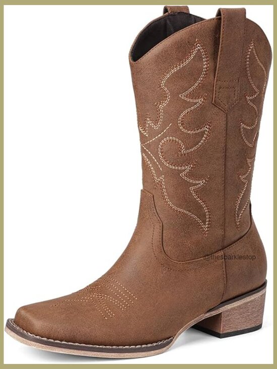 Shoes - Mid Calf Cowgirl Boots Square Toe Chunky Heel Embroidery Pull On